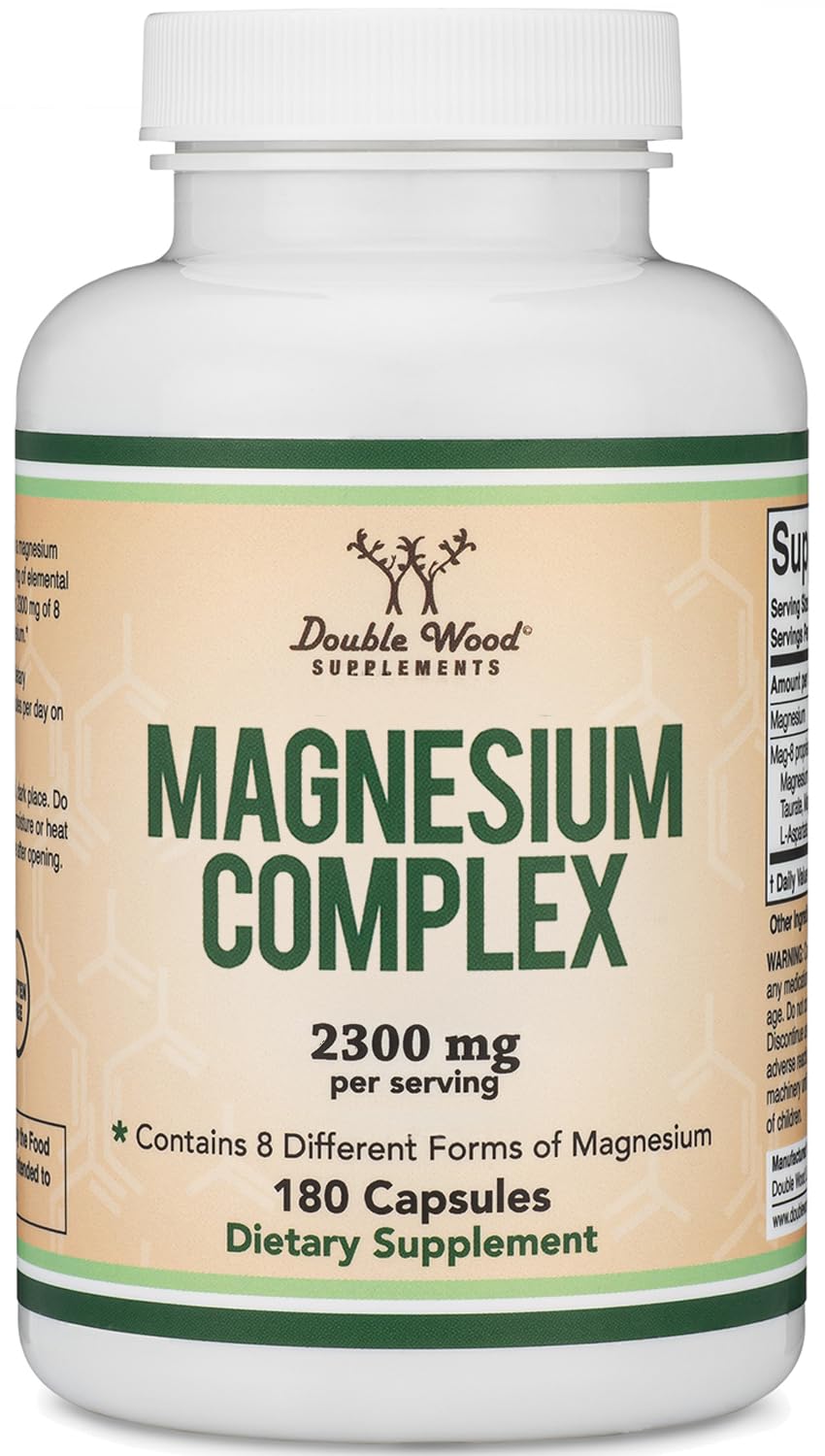 Magnesium Complex Supplement 180 Capsules (436mg Elemental Magnesium Provided by 2300mg of Eight Different Forms of Magnesium) MAG-8 Provides 100% Daily Recommended Value of Magnesium by Double Wood